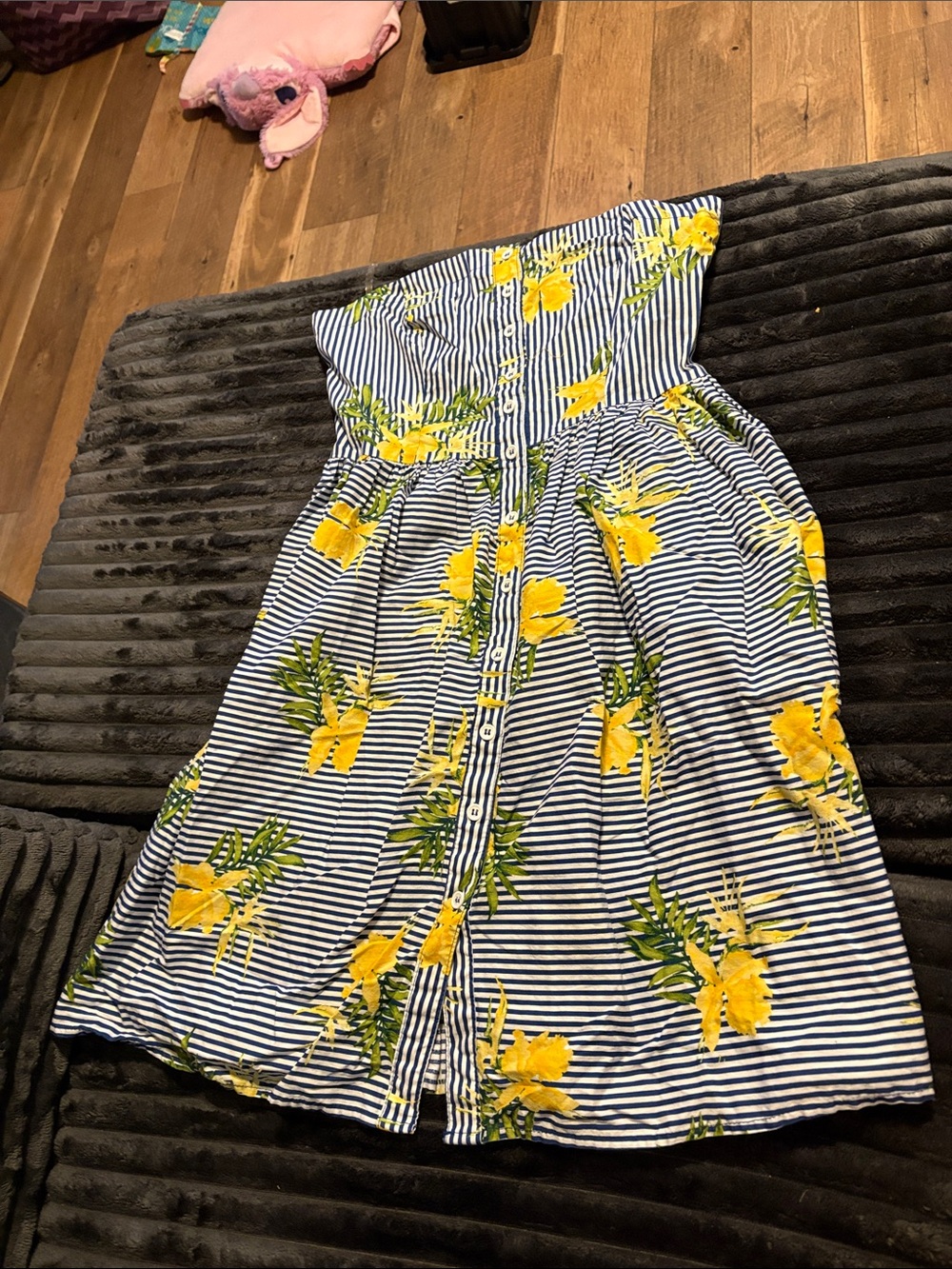 BeBop Strapless Navy & White Striped Dress with Yellow Floral Print